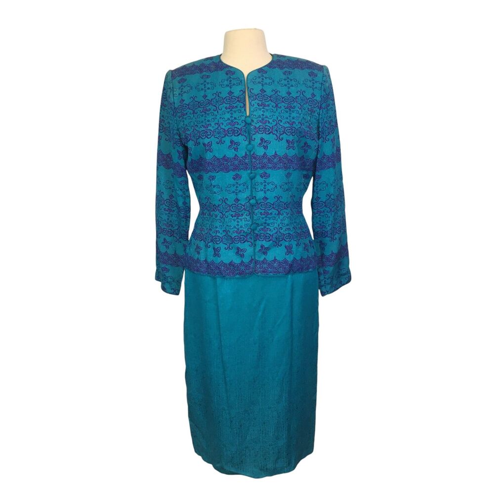 Adrianna Papell Vintage 100% Silk Teal Blue Skirt‎ Set 10, 38 bust, 28-30 waist